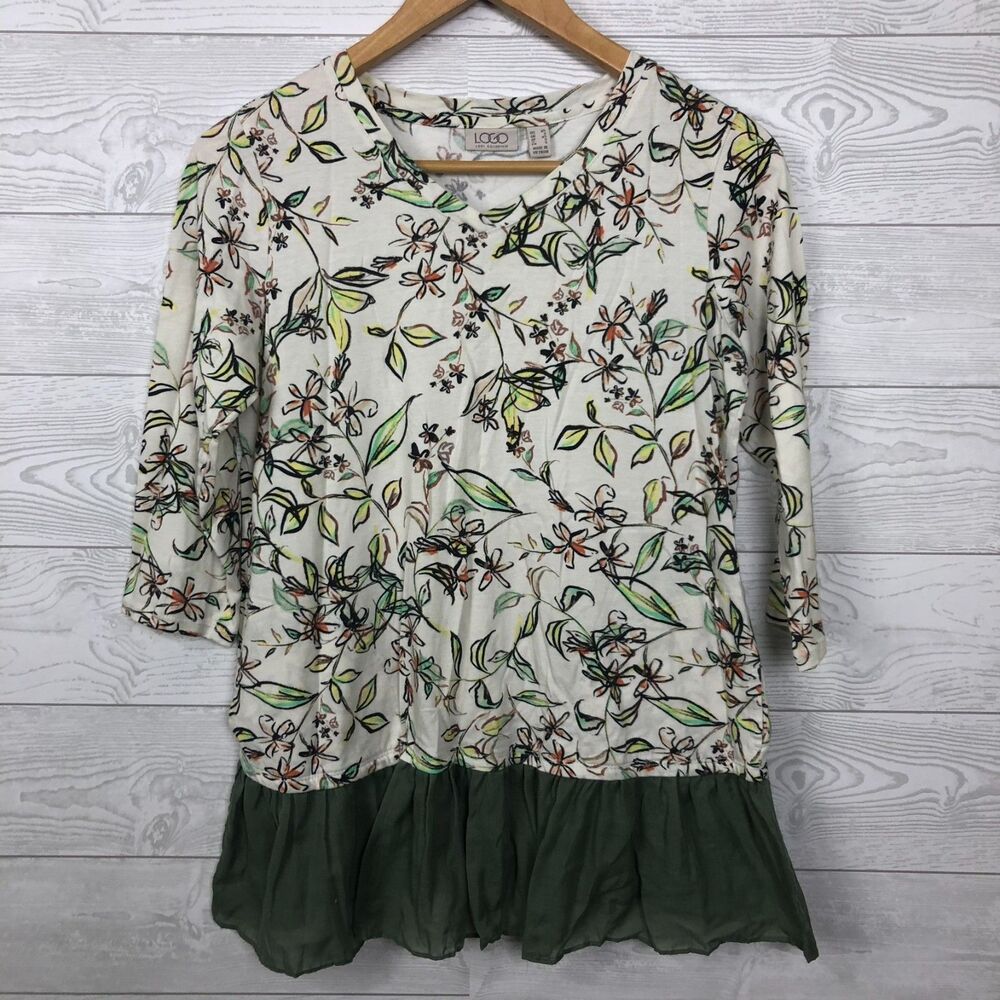 LOGO Lori Goldstein Women's XS Floral Print Pleated Hem Top 3/4 Sleeve Shirt